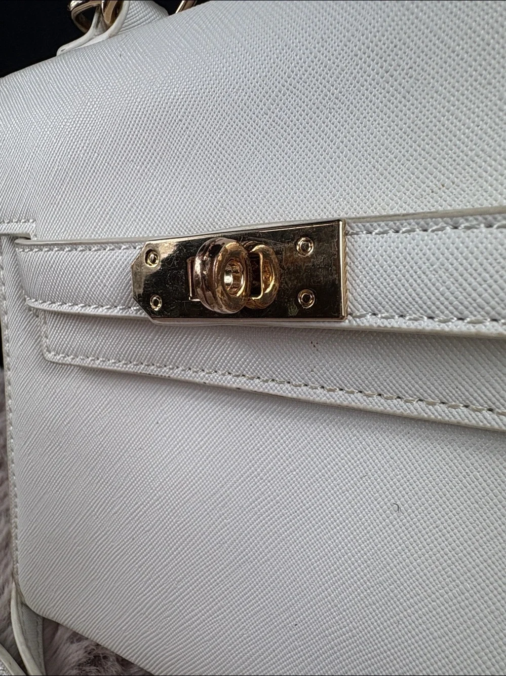 Kelly Style Mini White Saffiano Faux Leather Structured Crossbody Satchel
